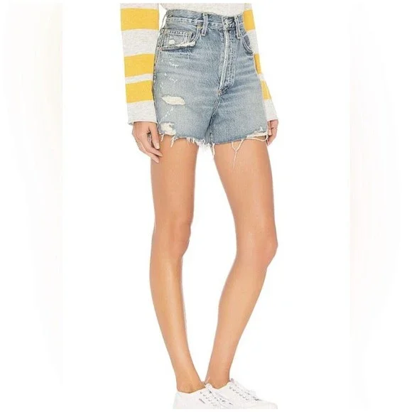 Agolde Dee High Rise Denim Shorts In Riccochet Distressed Size 24